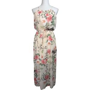Sweet Storm Floral Halter Maxi Dress Women Small Cream Pink Drawstring Waist